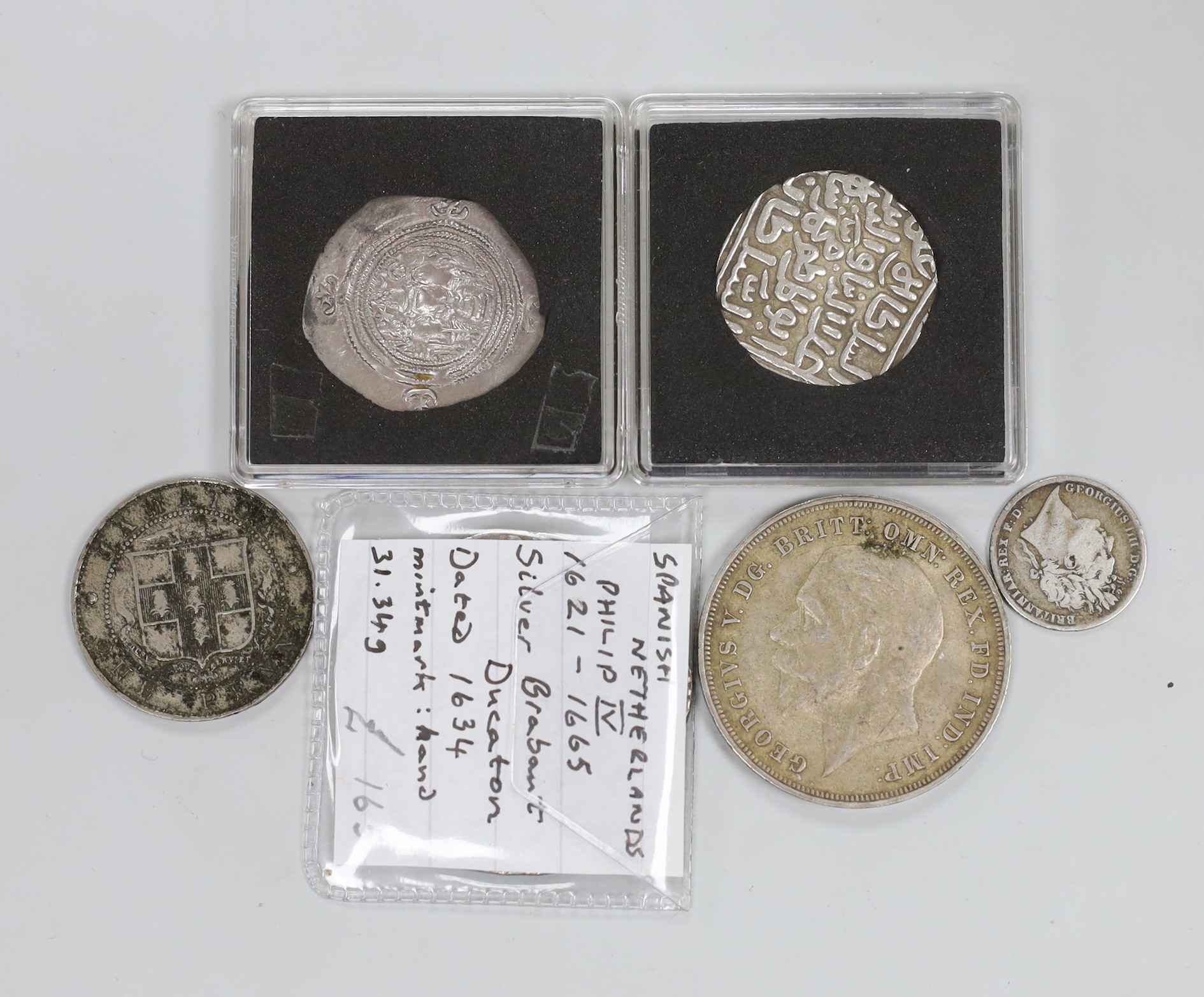 A Spanish ducat and five other silver coins including Arabic
